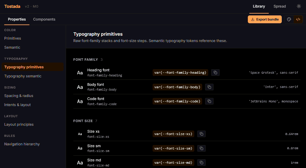 Exporting the design bundle: tokens.css, design-system.md, design-system.json